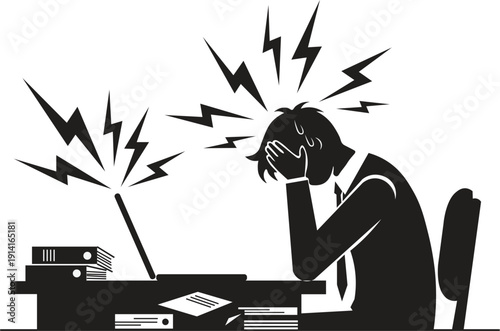 Stressed Student or Office Worker Vector, Person at Desk with Books, Laptop, and Head in Hands