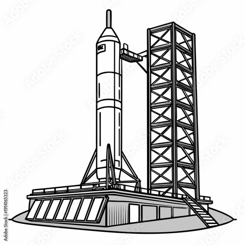 Rocket on launchpad with tower space black and white 1