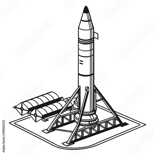 Black and white of a rocket on a launchpad space line spacecraft 2