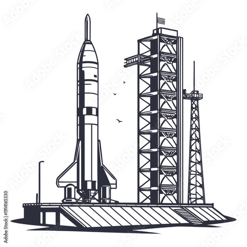 Rocket on launchpad with service tower and american flag