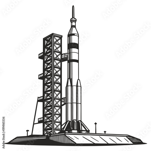 Black and white of a rocket on a launchpad space spacecraft 2