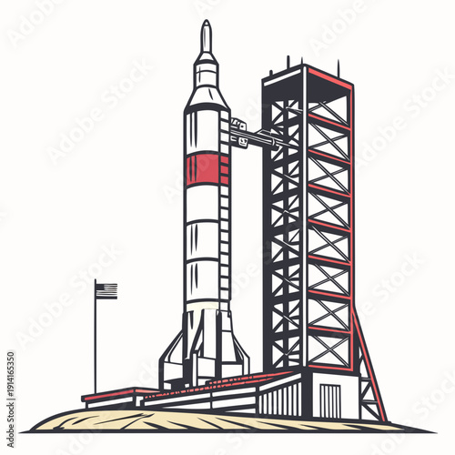 Rocket on launchpad with tower and american flag space