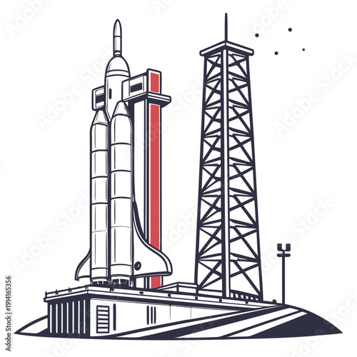 Rocket on launchpad with tower space white