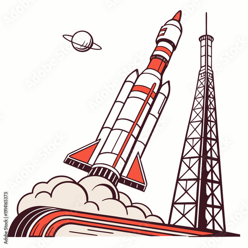 Cartoon rocket launching from tower with planet space
