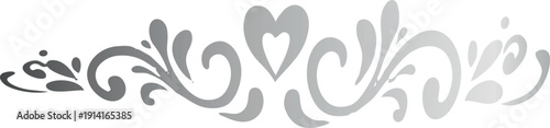 A horizontal gray ornamental flourish with elegant swirling scrollwork and a central heart shape, designed as a decorative divider