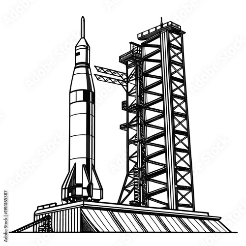Black and white of a rocket on a launchpad space line space exploration