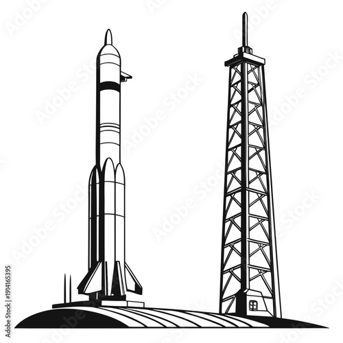 Black and white of a rocket and launch tower space