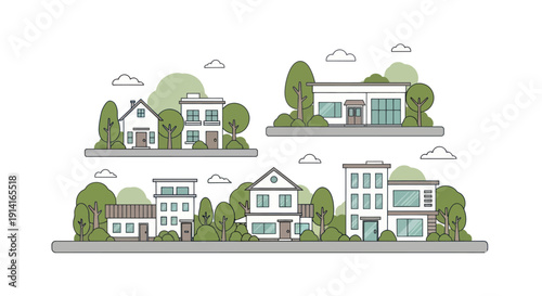 Modern Residential Houses Collection: Suburban Neighborhood with Trees and Clouds