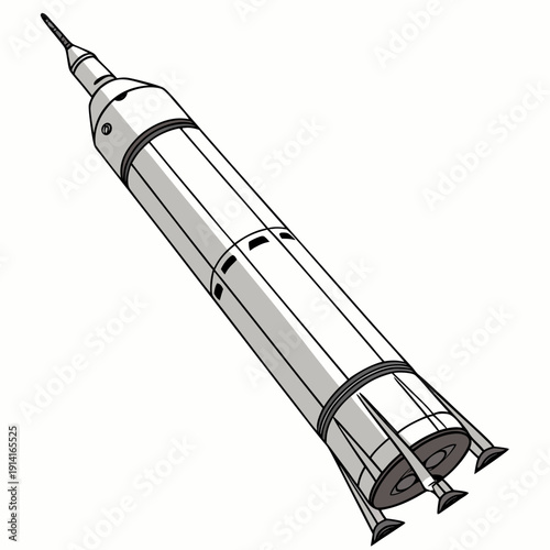 Gray cartoon rocket with fins and booster engines on white background