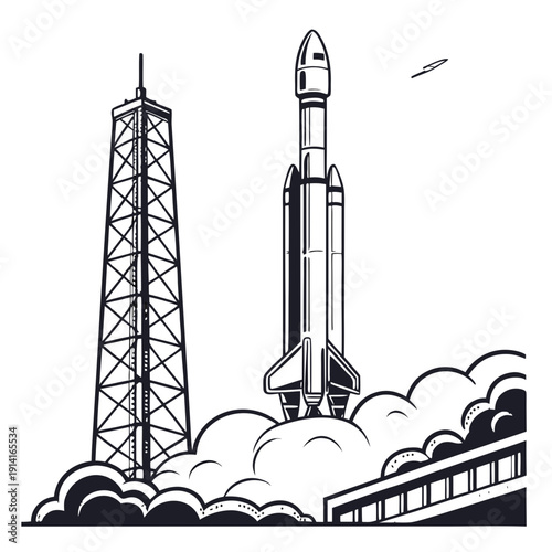 Black and white of rocket launching from pad with tower