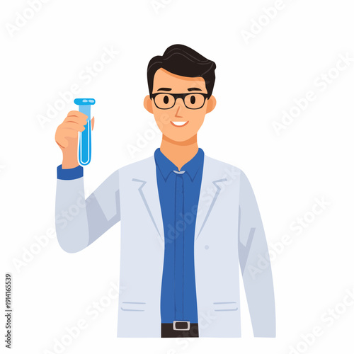 Isolated vector illustration of a smiling person wearing glasses and a lab coat, holding a device, representing a profession and worker in a scientific work environment.