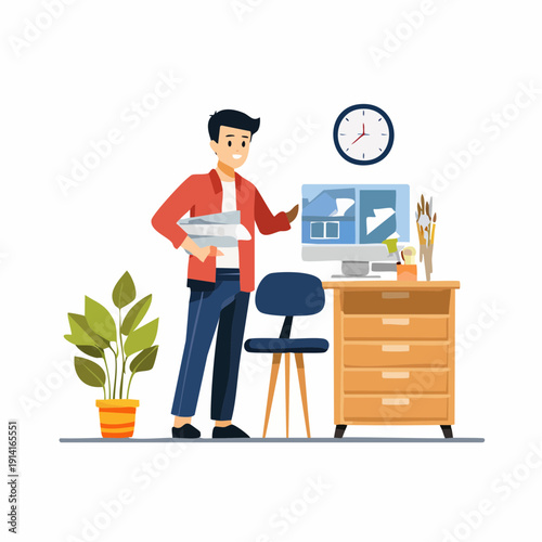 A vector illustration of a person worker in a profession work environment isolated with people in the background from a front viewpoint