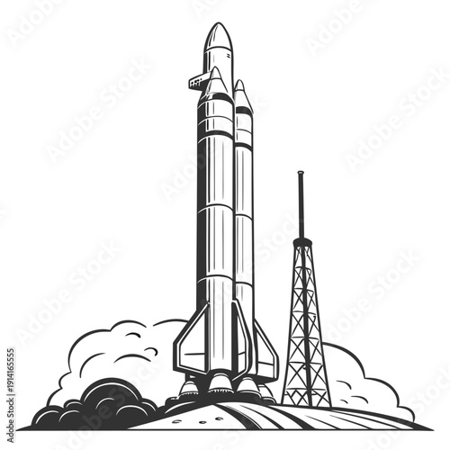 Black and white of a rocket launching from a pad space shuttle