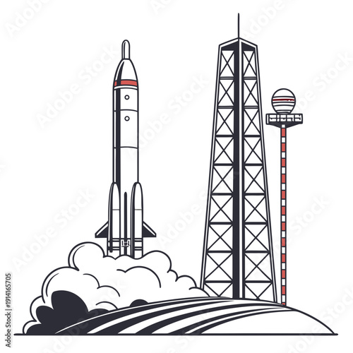 Rocket launching from pad with tower and radar dish