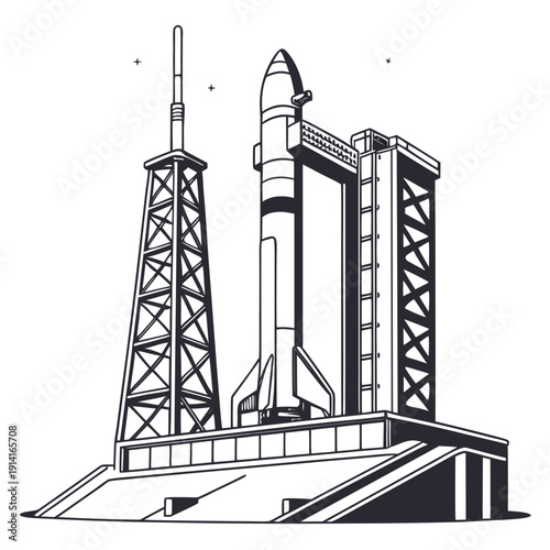 Black and white of a rocket on a launchpad space line space exploration 2