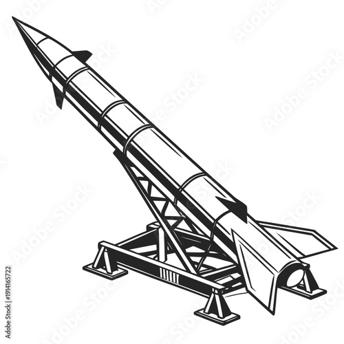 Black and white of a rocket on a launchpad missile