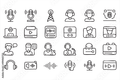 Microphone Headphones and Streaming Line Art Set