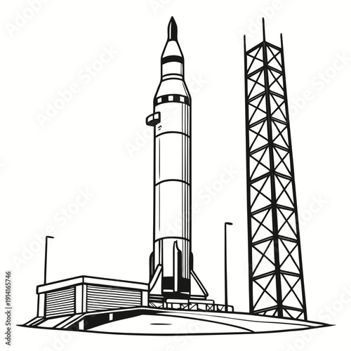 Black and white of a rocket on a launchpad tower line space