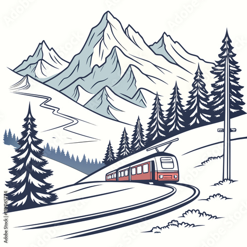 Red train traveling through snowy mountain landscape with pine trees