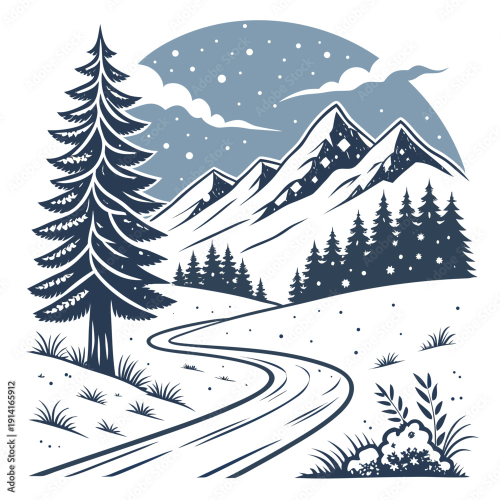 Fototapeta premium Winter road to snowy mountains with pine trees