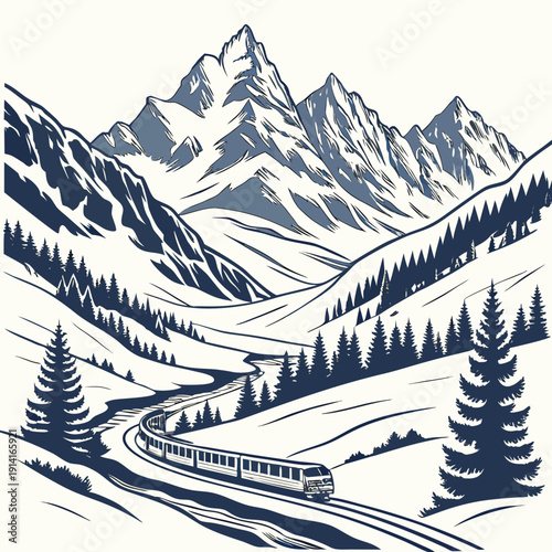Train traveling through snowy mountainside with evergreen trees