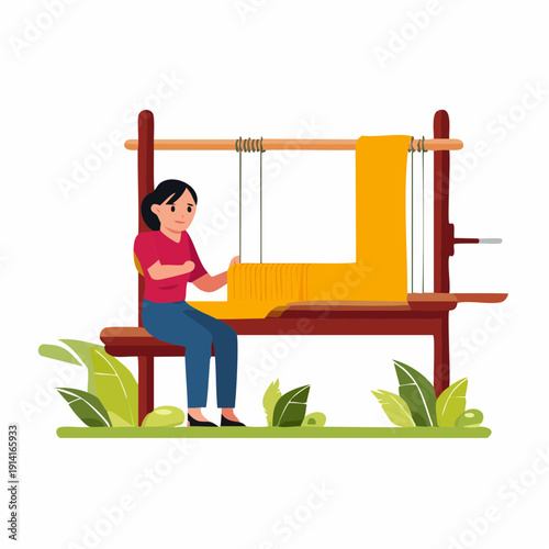 Vector illustration of a person worker weaving on a loom isolated on a green floor with plants around