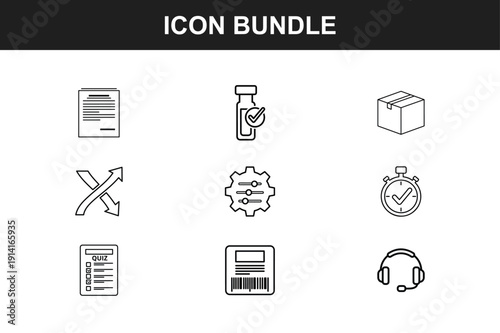 Industrial manufacturing and corporate workflow icon set featuring robotic arms security shields shipping boxes and timing symbols