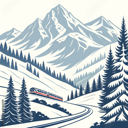 Train travels through snowy mountain landscape with pine trees