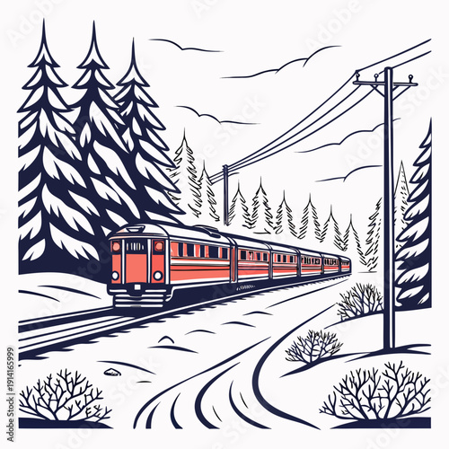 Red train traveling through snowy forest landscape with pine trees