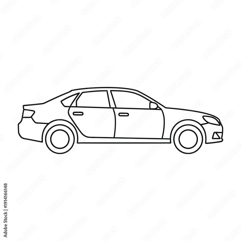 Fototapeta premium Simple black outline drawing of a standard passenger sedan car shown in profile view against a plain background.