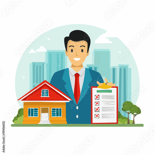 A vector illustration of a smiling profession worker person holding a clipboard with a house in the foreground, people at work, isolated on a simple background.