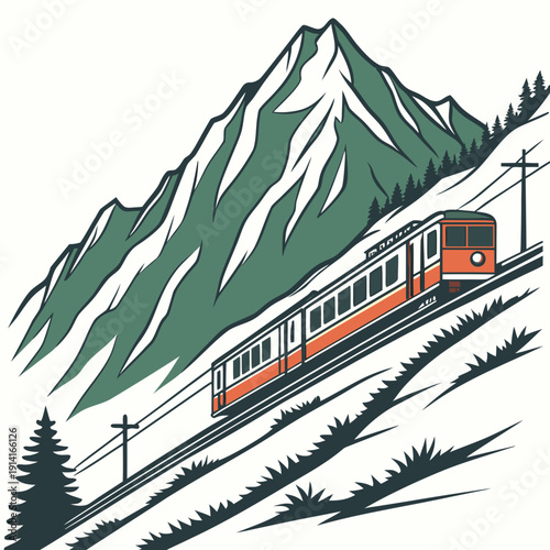 Orange train traveling through snowy mountain landscape with green trees