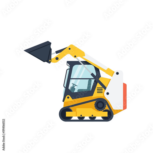 Yellow skid steer loader with bucket raised, construction equipment, isolated on white background