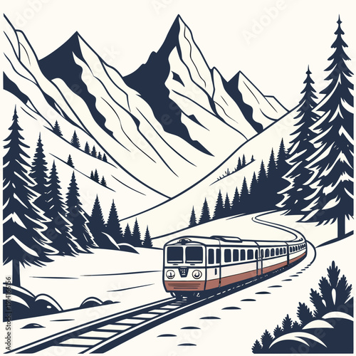 Train on tracks in snowy mountain landscape with pine trees