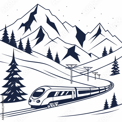 Train traveling through snowy mountainside with pine trees 1