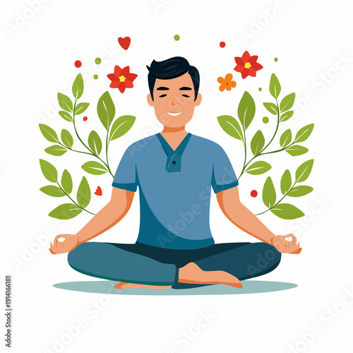 A smiling person in a blue shirt meditates in lotus position surrounded by flowers and leaves in a serene vector illustration of a worker in a peaceful isolated environment