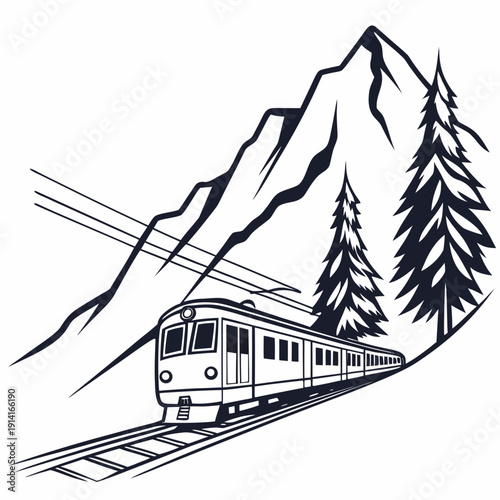 Train traveling through mountainous landscape with pine trees 5
