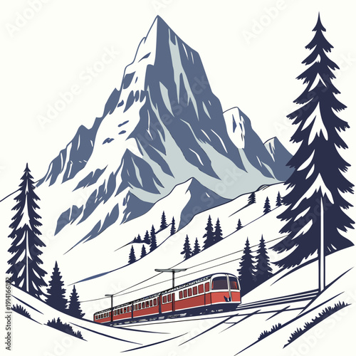Red train traveling through snowy mountain landscape with pine trees 3