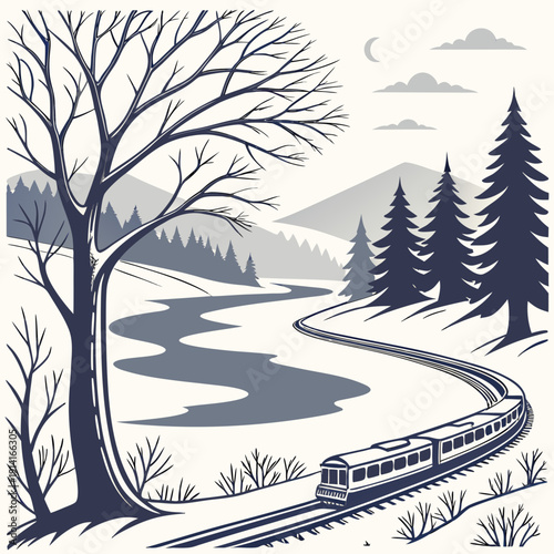 Train travels through snowy landscape with bare trees and conifers