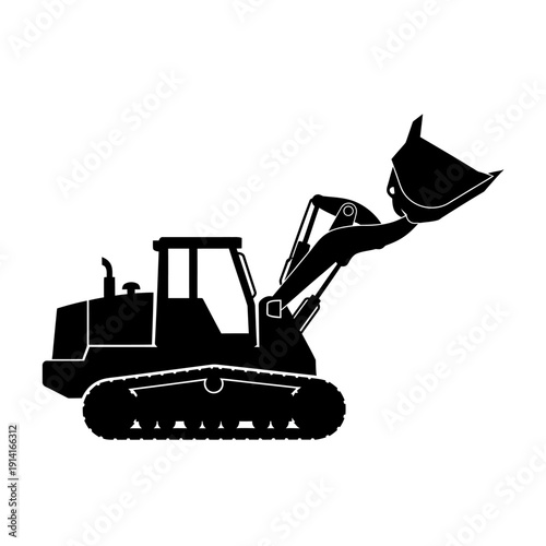 Black silhouette of a tracked loader with raised bucket on a white background