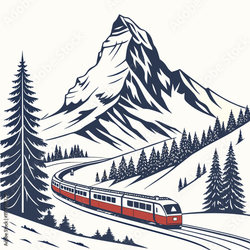 Red train traveling through snowy mountain landscape with pine trees 4
