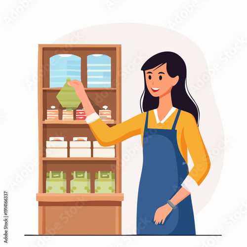 A young female worker in a blue apron standing in front of a wooden shelf, isolated on a simple background, vector illustration of a person at work among people