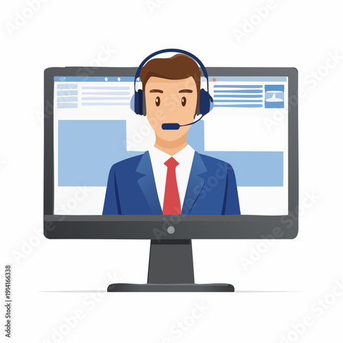 Isolated person as a worker in a profession depicted in vector graphics on a computer monitor displaying a customer service representative at work with people.