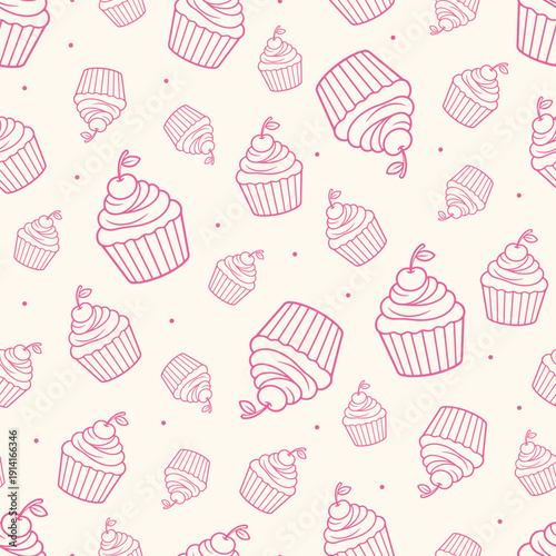 Vector seamless pattern with linear pink cupcakes with cherries on a light background