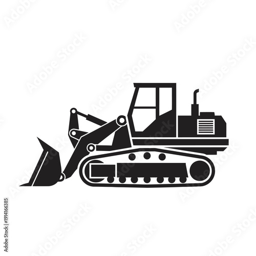Black silhouette of a tracked bulldozer with a front loader on a white background