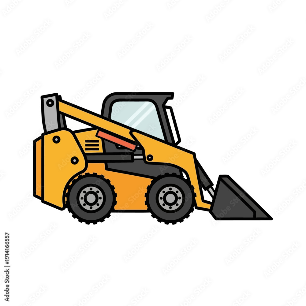 Fototapeta premium Yellow skid steer loader construction vehicle, compact tractor with bucket, isolated on white background