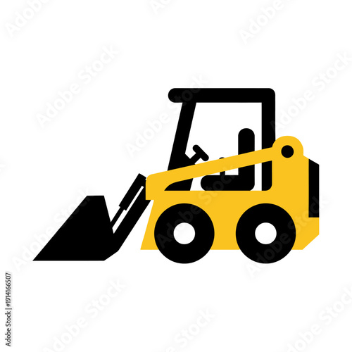 Yellow skid steer loader with black bucket and wheels on white background, construction vehicle icon