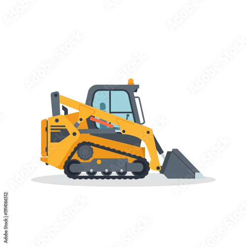 Yellow compact tracked skid steer loader with bucket on white background