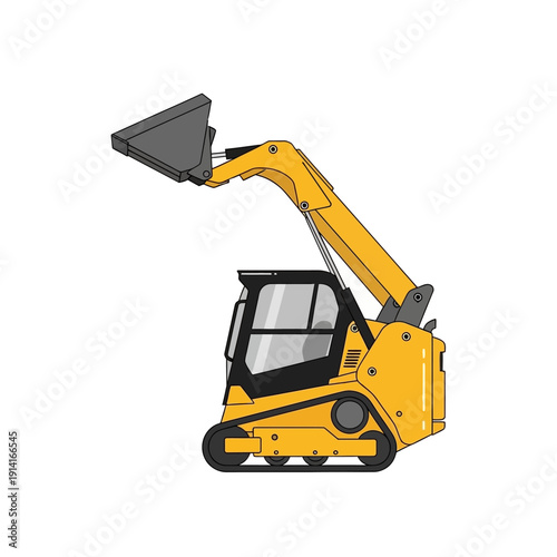 Yellow compact track loader with raised bucket on white background, construction equipment illustration