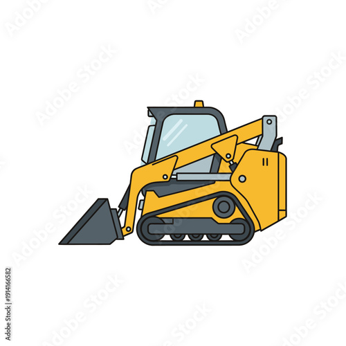 Yellow compact tracked skid steer loader with bucket, side view, isolated on white background